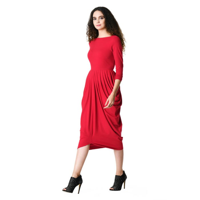 Red pleated mid length knitted sleeved dress
