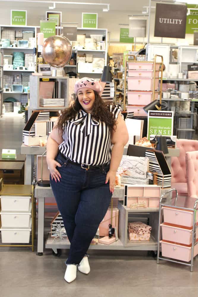 Plus size fashion blogger in stripped top and pink beret at a tour of Homesense Westlake
