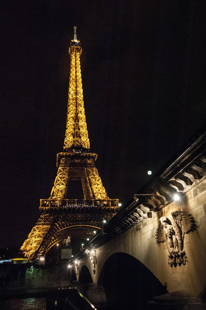 View of Eiffel Tower at night from Dinner Cruise River Seine