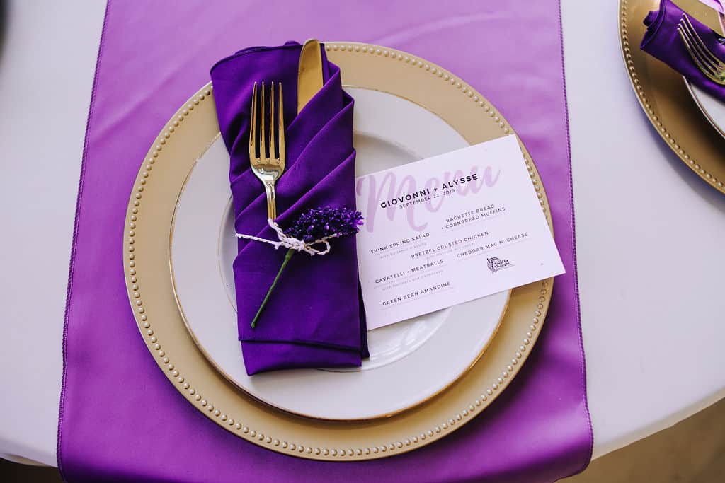 Purple and Gold Wedding Table - Wedding Menu Card