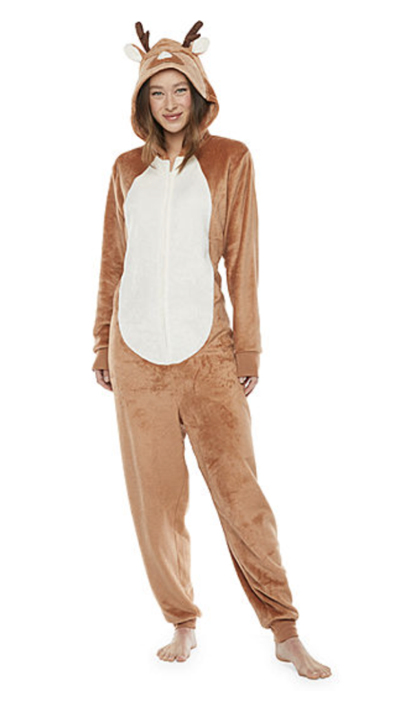 Brown zip-up hooded deer onesie with a white belly and antlers and ears on the hood.