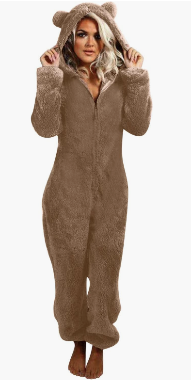 fuzzy zip-up brown onesie with a hood with bear ears