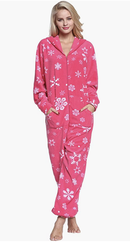 hot pink and white snowflake printed zip-up hooded onesie with pockets