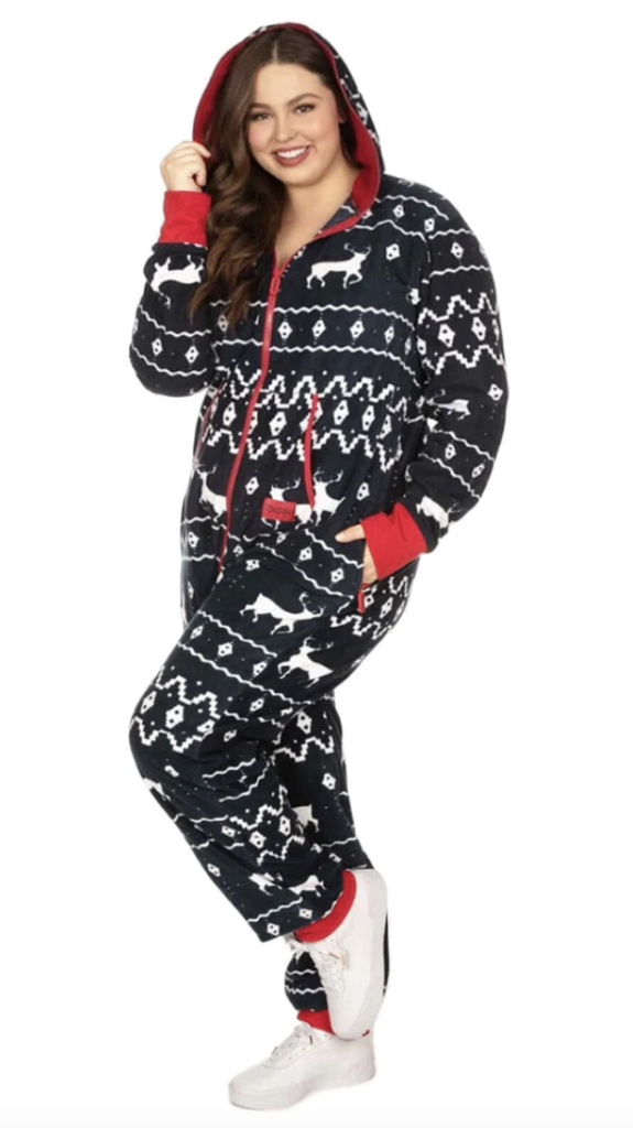 black, white,a nd red reindeer printed fair isle onesie with hood.